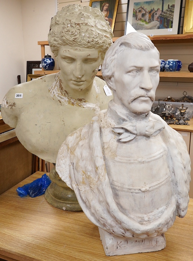 A large plaster classical bust and another, tallest 82cm high. Condition - poor